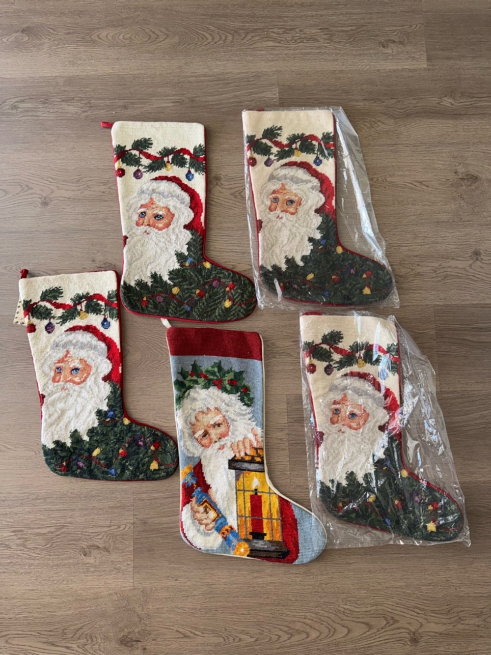 Vintage Christmas Wool Needlepoint Stockings Set of 5 Santa And Candlelight